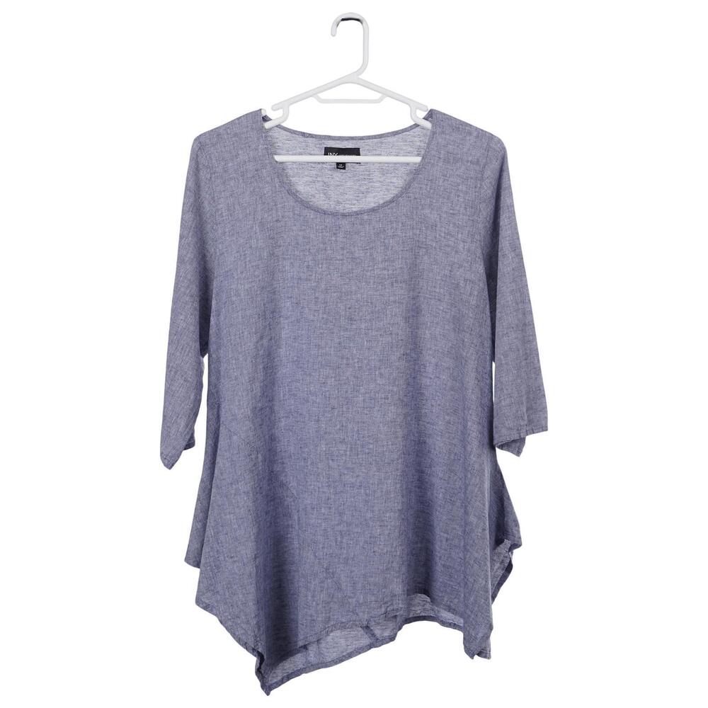 Jones New York Top 1X Blue Chambray Linen Cotton Asymmetric Hem 3/4 Sleeve